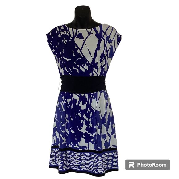 White with Cobalt Blue Foral Silk Dress with Sash - Picture 1 of 7